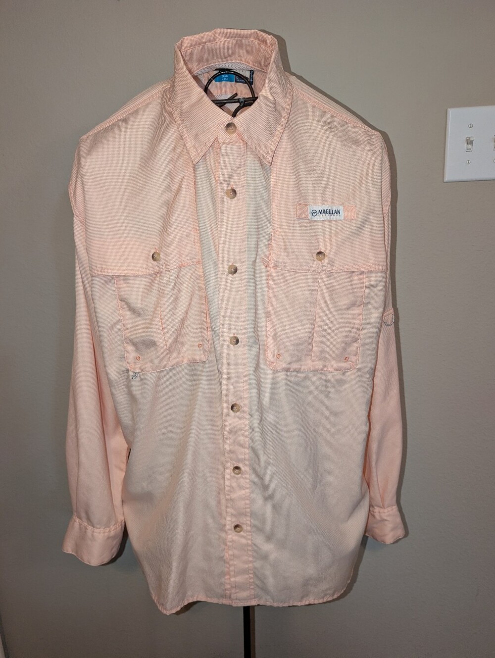 Magellan Outdoors Fish Gear Light Peach Gingham Mesh-Lined Fishing Shirt
